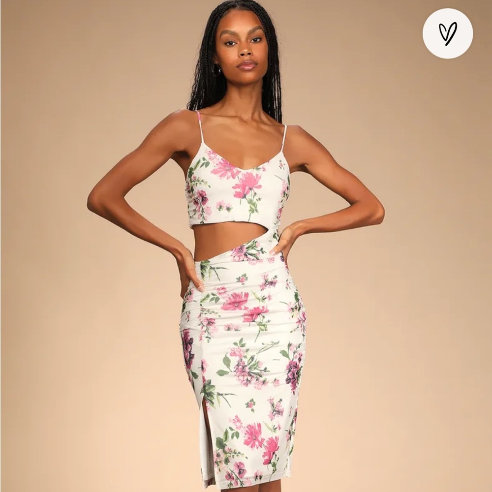 Lulus Cutting Loose Ivory Floral Print Cutout Bodycon Dress